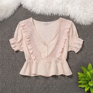Coquette Lace Trim Peplum Crop Top Neutral‎ Boho Romantic Ruffle Blouse Medium